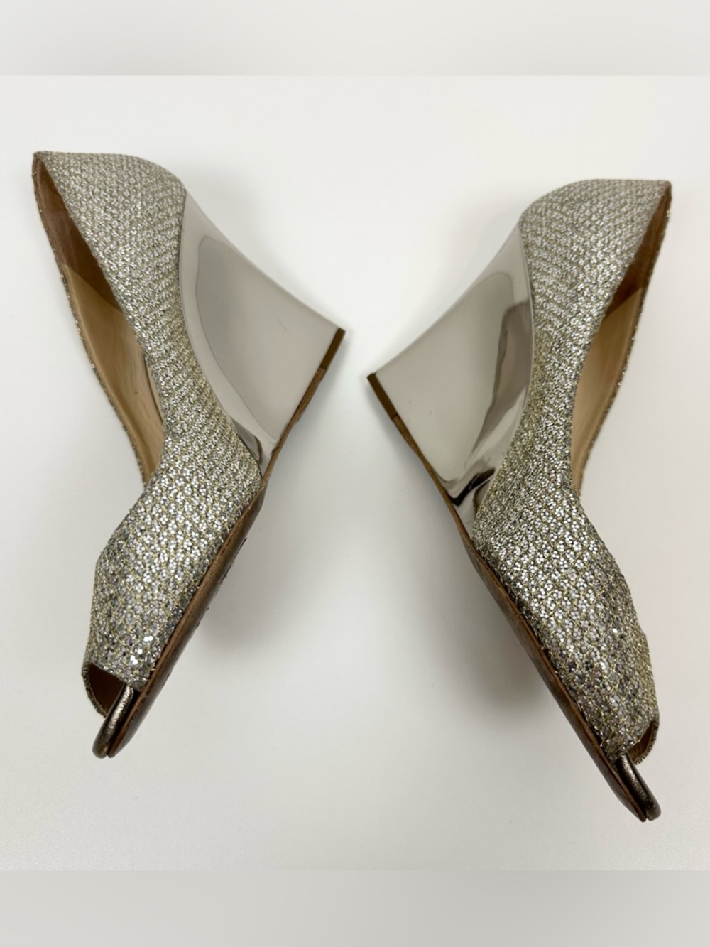 Jimmy Choo Metallic Silver Peep Toe Wedges - Picture 4 of 12